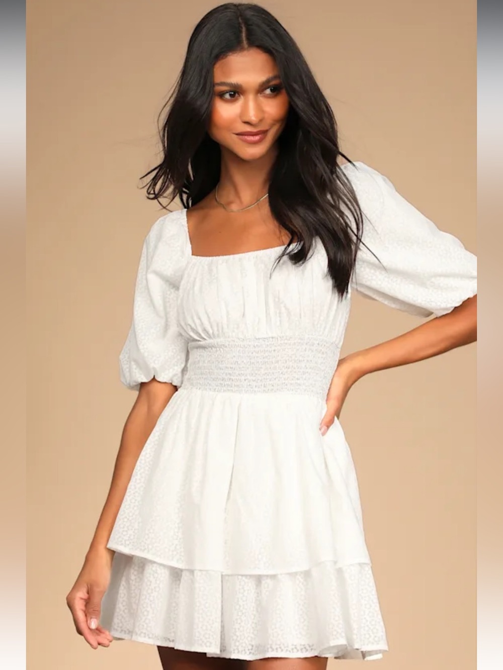 Tiers To Me White Puff Sleeve Tiered Skater Mini Dress - Picture 2 of 12